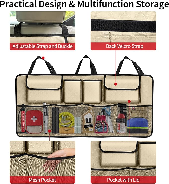 Car Trunk Organizer and Storage, Large Capacity Backseat Hanging Storage Accessories, Backseat Car Organizer for SUV/MPV/Truck (Champagne)