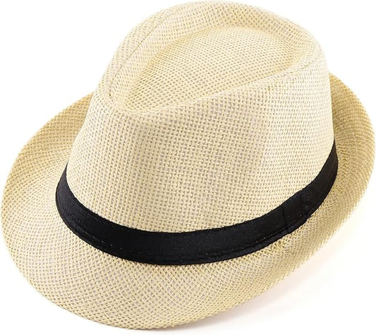 FALETO Unisex Summer Panama Straw Fedora Hat Short Brim Beach Sun Cap Classic