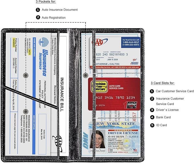 TOURSUIT Car Registration and Insurance Card Holder, Vehicle License Document Glove Box Compartment Organizer, Interior Car Accessories for Women Men Teens (Glitter Black)