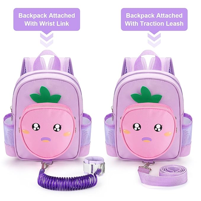Accmor Toddler Leash Backpack with Anti Lost Wrist Link, 4 in 1 Children Back Pack Cute Peach Safety Walking Harness Bag, Kids Travel Essential Mini Rucksack with Strap Tether for Baby Girls