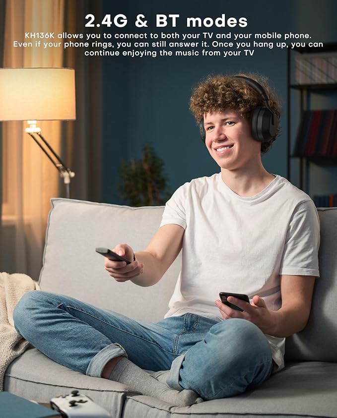 Ensemble-TV Wireless Headphones with LED Display, Bluetooth V5.3, No Lip-Sync Delay, Plug and Play, Gifts for Elderly (Black)