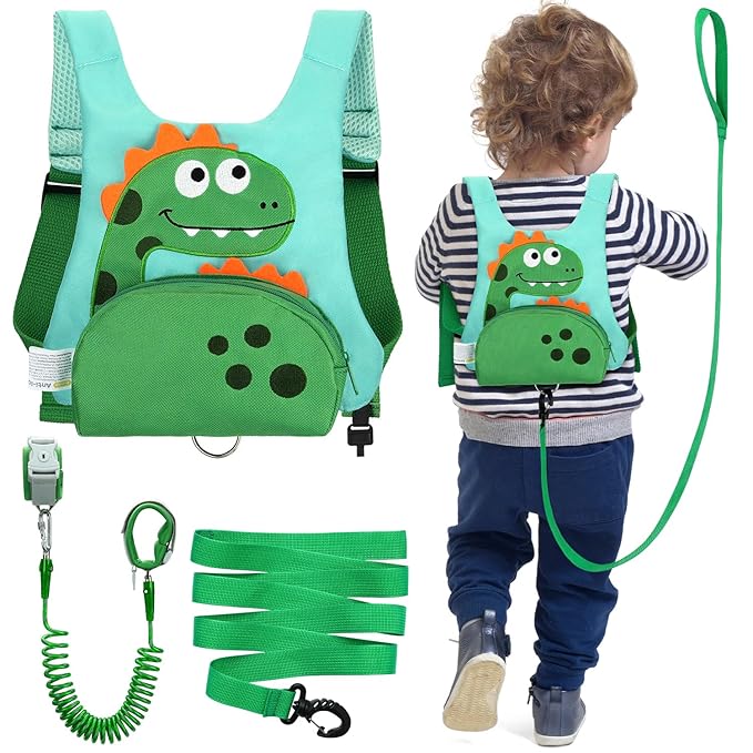 3 in 1 Toddler Harness Leash + 8.2ft Anti Lost Wrist Link, Cute Dinosaur Kids Safety Harness Tether with Key Lock, Child Protective Leashes While Walking for Outdoor Activity Keep Kids Close