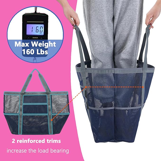 Mesh Beach Bag, Large Beach Tote with Zipper Pocket for Family Pool Bag for Toys & Vacation Essentials