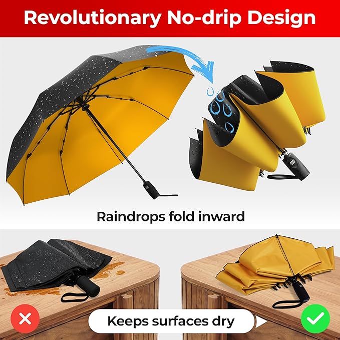 TUMELLA Flip-proof Inverted Travel Umbrella, Small Strong but Light Portable and Automatic Reverse Folding Rain Umbrella, Durable Premium Grip, Fits Car & Backpack