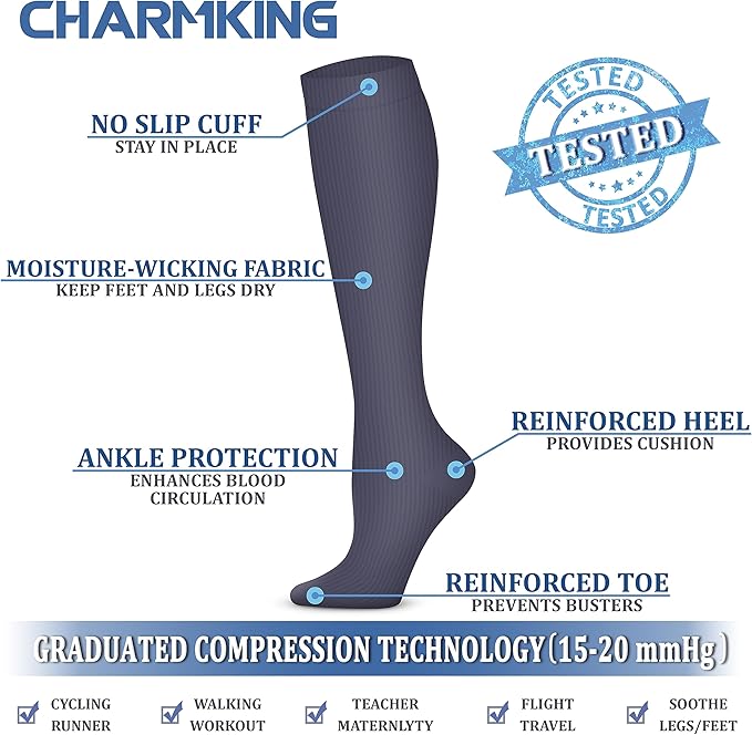 CHARMKING Compression Socks for Women and Men Circulation 4 Pairs 15-20 mmHg Best Support for Athletic Running Cycling