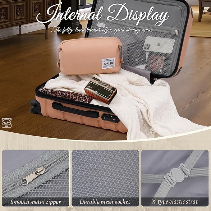 TAKUMI Carry On Luggage Set 3 Piece ABS+PC Hardshell Suitcases with Duffel Bag Double Spinner Wheels Travel Luggage with TSA Lock Lightweight Suitcase Set(PINK, 3 PIECE SET(20/DB/TB))