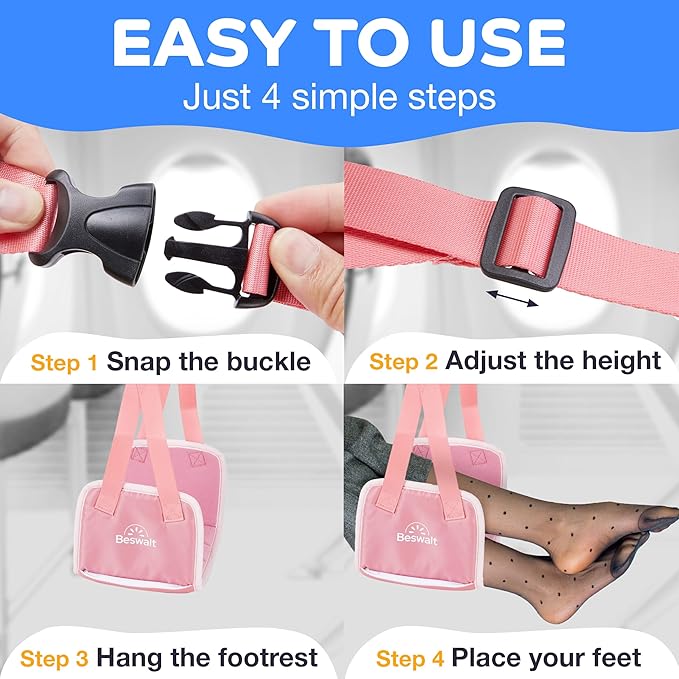Portable Airplane Foot Hammock for Plane Travel with Memory Foam & Hardboard for No Feet or Leg Clashing - Long Flight Air Travel Essentials to Relax Feet Rest Flying Overseas by Beswalt (Pink)