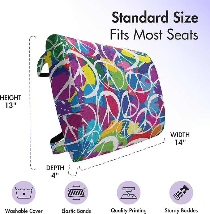 Ambesonne Retro Lumbar Back Support Pillow, Universal Peace Sign on Colorful Pop Art Style Background Pacifist Activism, High Density Foam for Office Chairs Car Seats, 14" x 13", Purple Blue