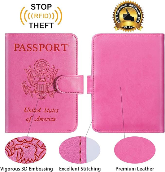 Passport Holder Cover Wallet RFID Blocking Leather Card Case Travel Accessories for Women Men (Pink)