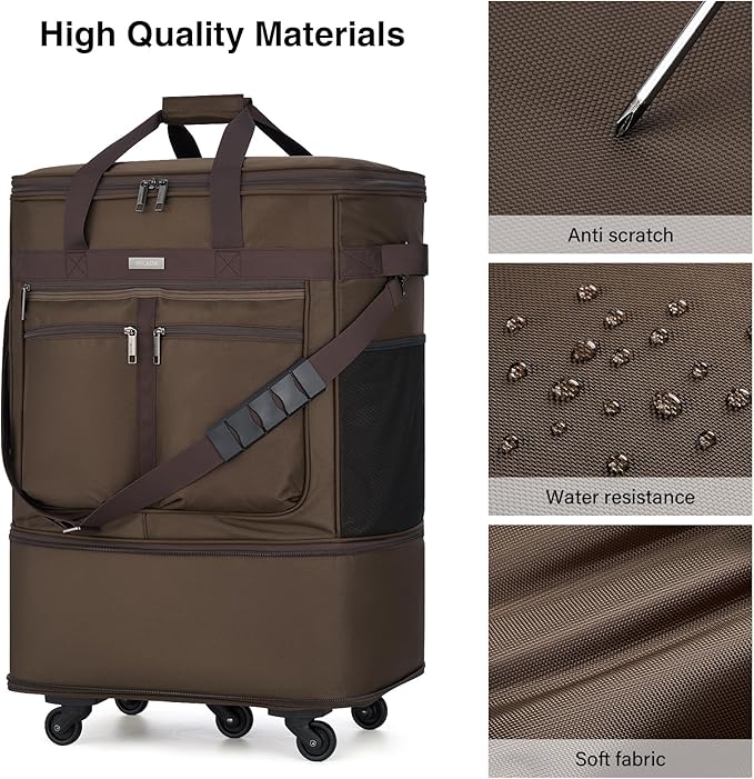 MILADA Expandable Luggage Bags for Travel Foldable Suitcase with Wheels Collapsible Rolling Travel Duffle Bag Lightweight Large Suitcases without Telescoping Handle, Coffee