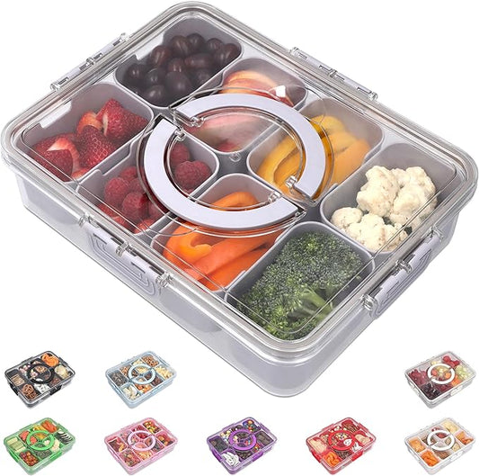 Snackle Box Container with Lid- Travel Charcuterie Box with Handle - Organizer for Candy, Fruit, Nuts, Veggies, Snacks, Beach Essentials, Portable Lunch Box (Grey, Large)