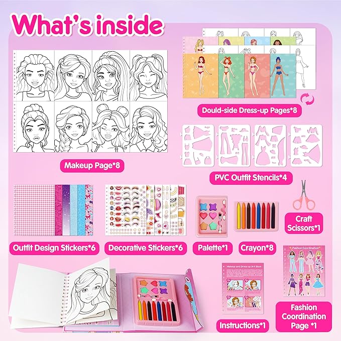 Mocoosy Makeup Craft Kit for Girls Ages 6-8, Pretend Makeup Coloring Activity Book with Stickers, Fashion Designer Kit for Girls Art & Craft, Travel Game Road Trip Toy Gift for Girl 5 6 7 8 Years Old
