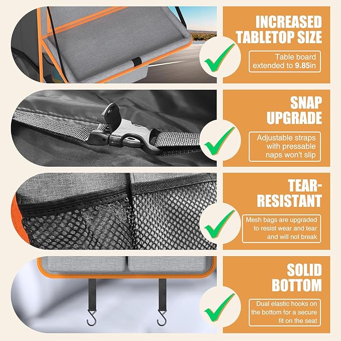 Car Backseat Organizer with Tablet Holder,11 Storage Pockets with Foldable Food Tray, Protector Kick Mats for Kids, Travel Accessories Organizer (Orange, 1Pack with Food Tray)