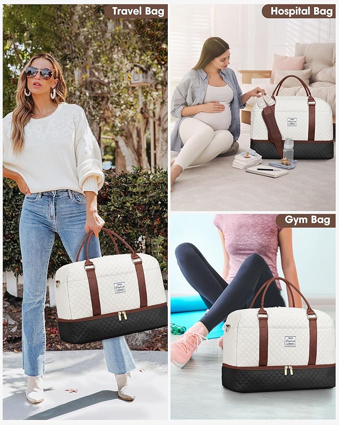 Travel Duffle Bags for Women - Overnight Weekender Bags With Toiletry Bag Carry On Duffel Bags with Shoe Compartment Hospital Bag with Wet Pocket for Labor Delivery Black Brown
