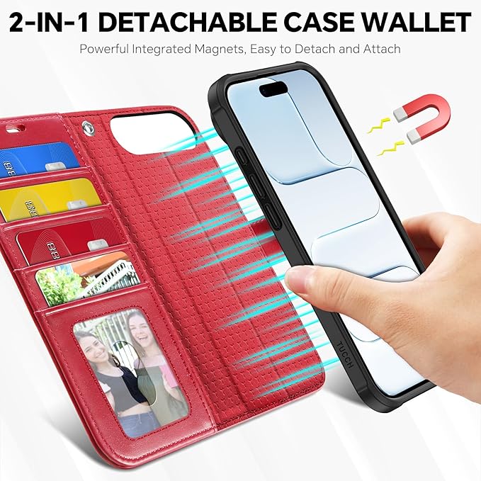 TUCCH 2-in-1 Removable Case Wallet for iPhone Air (6.5") 2025, Detachable Wrist Strap, 4 Card Holders RFID Blocking, Wireless Charging, Stand, Magnetic, PU Leather, Shockproof Folio Cover, Red