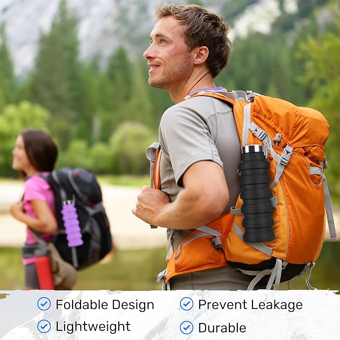 Collapsible Water Bottle, 16oz Portable Reusable Silicone Water Bottle, BPA-Free Leak-Proof Foldable Design with Carabiner, Lightweight Durable for Gym, Camping, Hiking, Sportsr-Tie-dye Purple