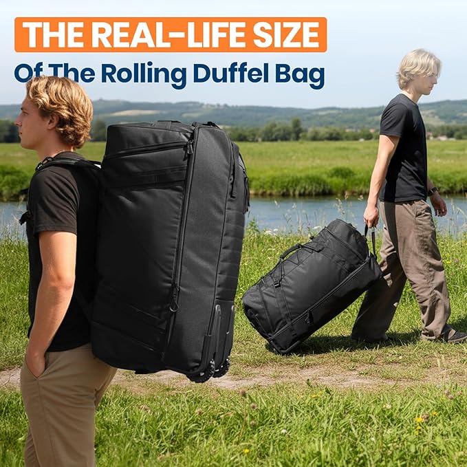 Fanwoli 92L 120L Large Rolling Duffle Bag with Shoes Compartment, 30’’ Expandable & Foldable Heavy Duty Water Resistant Travel Backpack, Convertible Foldable Duffel for Gym Camping Weekender