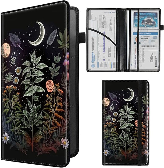 Car Registration and Insurance Holder,Leather Insurance License and Registration Card Holder for Car Glove Box, Auto Truck Document Holder Organizer for Men Women-Flowers Plants Moon Night