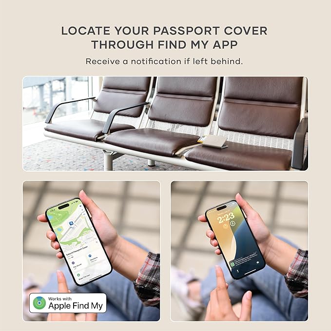 Satechi Passport Holder for Travel with Find My, Passport Cover with 4 Card Holder, Wireless Charging, and RFID protection – Travel Essential Vegan Leather Passport– Sand
