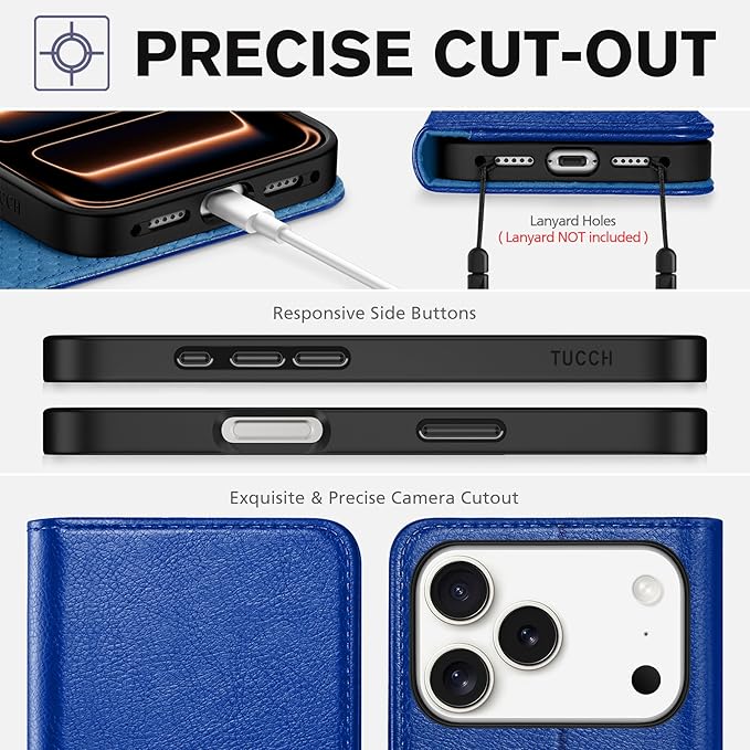 TUCCH Wallet Case for iPhone 17 Pro (6.3") 2025, 3 Credit Card Holders, RFID Blocking, Stand, PU Leather, Shockproof TPU Interior Shell, Protective Flip Folio Cover, Klein Blue