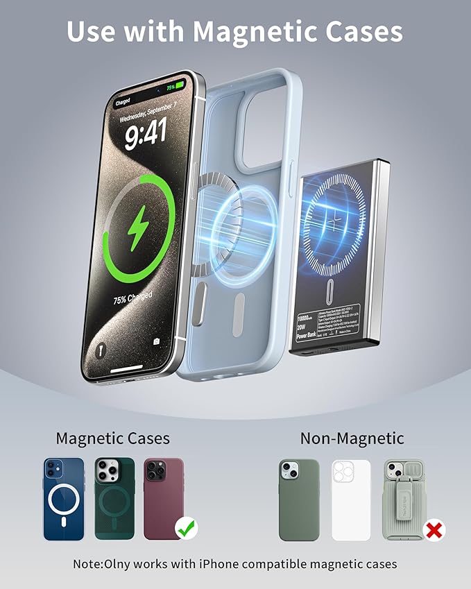 Portable Charger Power Bank, 10000mAh Wireless Charger Phone with USB C to 20 W PD Fast Charging Cable, Mag-Safes Battery Pack Magnetic Charger for Phone 17/16/15/14/13/12 Pro/Pro Max/Plus Pad