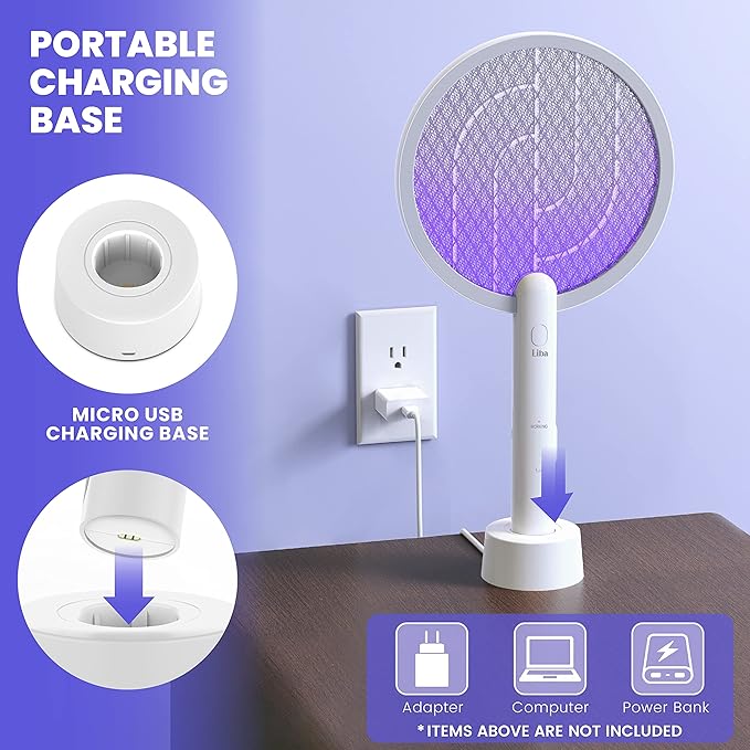 LiBa Electric Fly Swatter Racket, 2 in 1 Electric Bug Zapper USB Rechargeable, 4000V Indoor Outdoor Mosquitoes Zapper with 5 Layer Safety Mesh, Cordless Insect Killer Trap Home Office Camping Patio