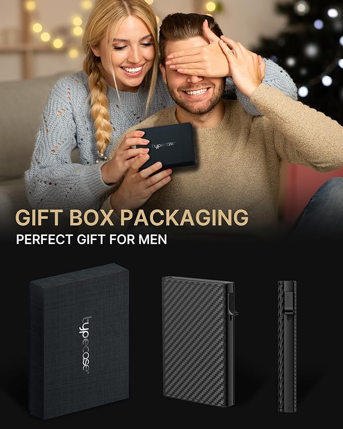 typecase Mens Wallet Card Holder: Pop Up Aluminum Case, Carbon Fiber Leather, Smart, RFID Blocking, Slim, Minimalist, Front Pocket - 9-14 Card Capacity | ID Window | Cash Slot (Orange)