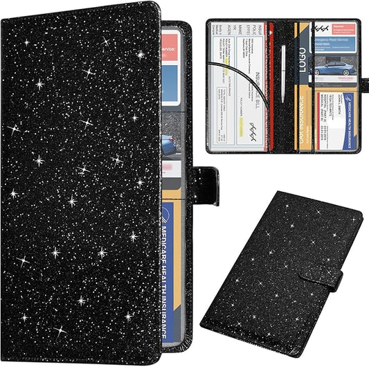 DMLuna Car Registration and Insurance Holder, Leather Vehicle Card Document Glove Box Organizer, Auto Truck Compartment Accessories for Essential Information, Driver License Cards, Glitter Black