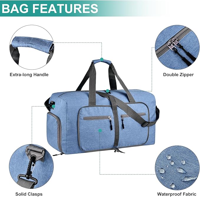 Dimayar 40L Travel Duffle Bag for Men Women - Foldable Duffel Bag with Shoes Compartment - Overnight Bags Waterproof & Tear Resistant(Blue)