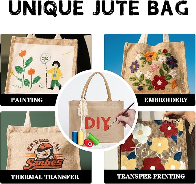 12pcs Burlap Tote Bag Set with Handles, Waterproof Reusable Blank Water Resistant Grocery Bags with Ribbon Large Jute Tote 15.35*6*12 Inch for Women Bridesmaid Gift Beach Shopping Wedding Travel DIY