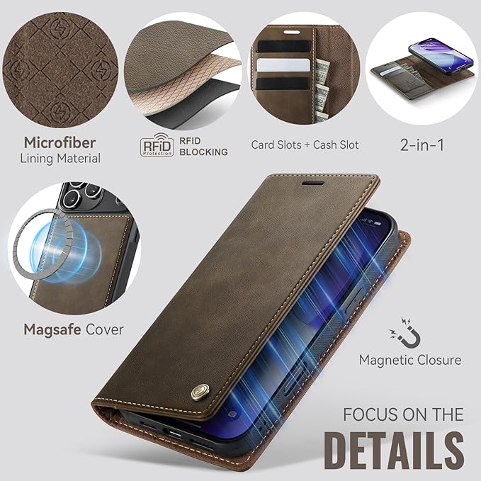 PlusnapX Wallet Case for iPhone 17 Pro Max Compatible with Magsafe, 2-in-1 PU Leather Flip RFID Blocking Card Holder Stand Shockproof Magnetic Detachable Cover for iPhone 17 Pro Max Case 6.9", Brown