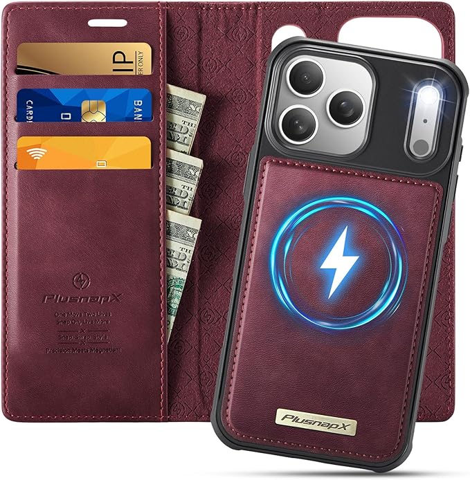 PlusnapX Wallet Case for iPhone 17 Pro Compatible with Magsafe, 2-in-1 PU Leather Flip RFID Blocking Card Holder Stand Shockproof Magnetic Detachable Case for iPhone 17 Pro Case 6.3", Burgundy
