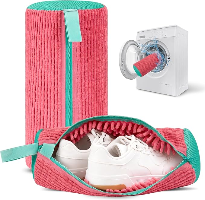 Shoe Washing Machine Bag, Laundry Shoe Bag for Washer and Dryer, Reusable Microfiber Shoe Cleaning Bag with Durable Zipper for Tennis Shoes, Sneakers, Running Shoes, Pink and Green, 1 Piece