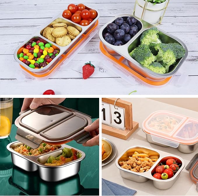 Ahongwenxi Stainless Steel Snack Box Containers, Reusable 2 Compartment Condiment Box with Lids, Food Container Sauce Cups, Divided Food Storage Containers for Home and Travel (Black)