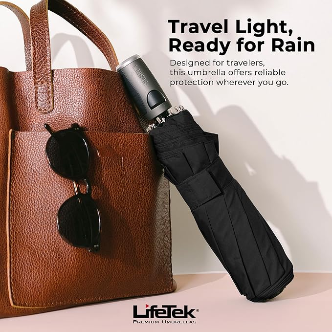 LifeTek Premium Travel Umbrella - Windproof & Compact for Men & Women, Automatic Open Close, Fits in Purse Laptop Bag or Backpack, Strong Frame for Heavy Rain & Sun UV Protection