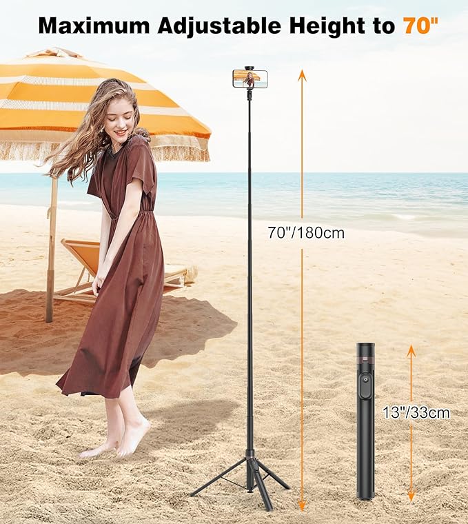TONEOF 70" Automatic Phone Tripod with Magnetic Rechargable Remote,Selfie Stick 360° Vertical & Horizontal Rotatable,Stable for iPhone/Android(Black)