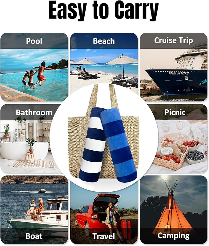 cabanana Large Beach Towel Oversized - Cotton Velour 35 x 70 Inch Blue Striped Terry Pool Towel, Cabana Soft Swimming Towel for Adults Women Men (Blue)