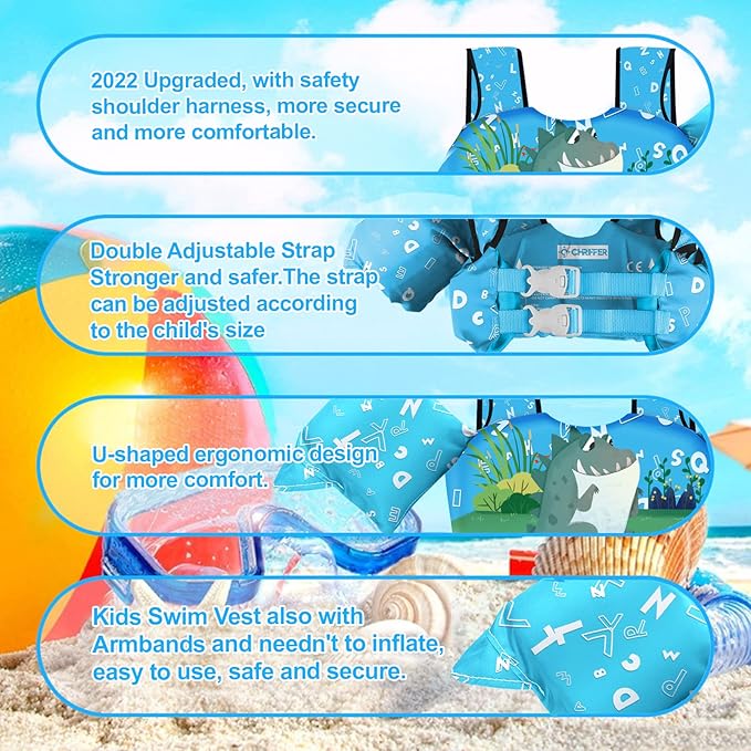 Chriffer Kids Swim Vest Life Jacket for 30-55 Pounds Boys and Girls, Toddler Floaties with Shoulder Harness Arm Wings for 2,3,4,5,6,7 Years Old Baby