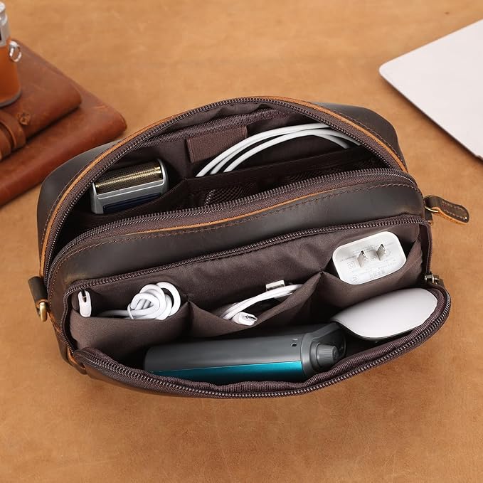 Polare Full Grain Leather Travel Electronics Organizer Case Cable Storage Carry Bag with YKK Zippers Tech Pouch for Cord, Phone, Cables, USB, SD Card, Travel Essentials