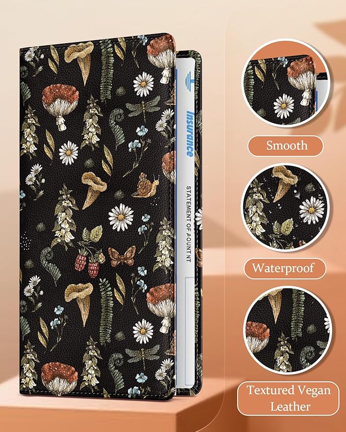 Slohif Car Registration and Insurance Card Holder with Magnetic Shut - Vehicle Glove Box Organizer Women Leather Automobile License Holders Coasters Auto Accessories Case for Document,Mushroom