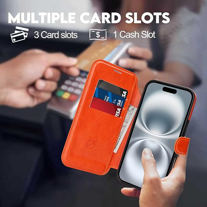CIVICASE for iPhone 17 Wallet Case with Stand,PU Leather Flip Credit Card Holder Slots (RFID Blocking),Compatible with Magsafe Magnetic Holder Phone Cover Women Men,Orange