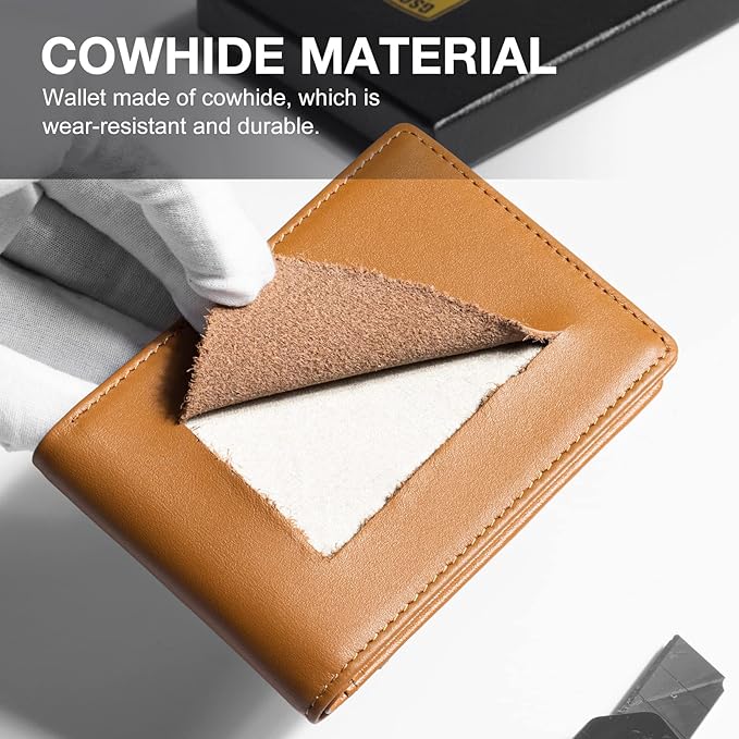 GSOIAX Mens Slim Wallet for Men Minimalist Genuine Leather Carbon Fiber Rfid Blocking Bifold Credit Card Holder With Gift Box (Brown)