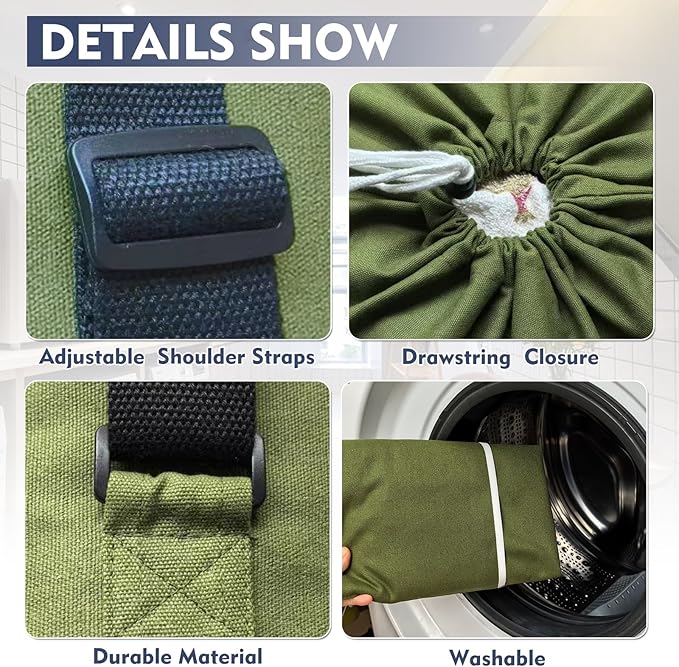 Canvas Laundry bag, Washable Laundry backpack, Adjustable Straps, Large Front Pocket, Drawstring Closure (ARMY GREEN, X-Large)