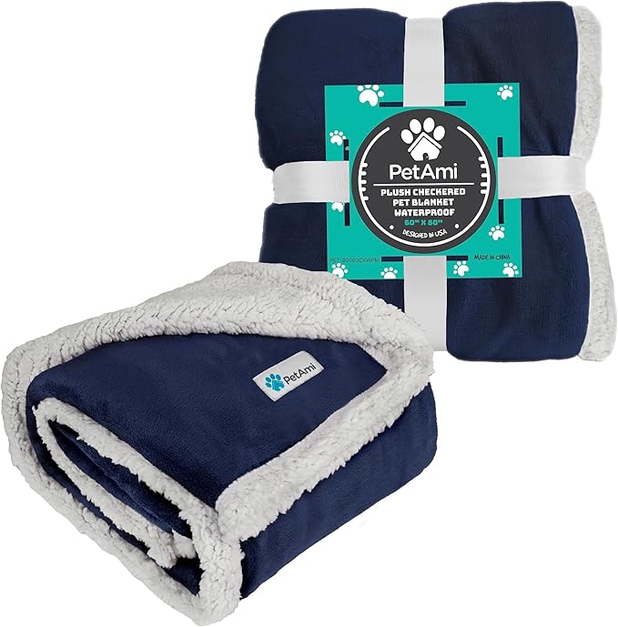 PetAmi Waterproof Dog Blanket for Small Medium Dog Puppy Cat Throw for Couch Cover Leakproof Protection, Sherpa Fleece, Reversible Soft Washable 29x40 Navy Blue