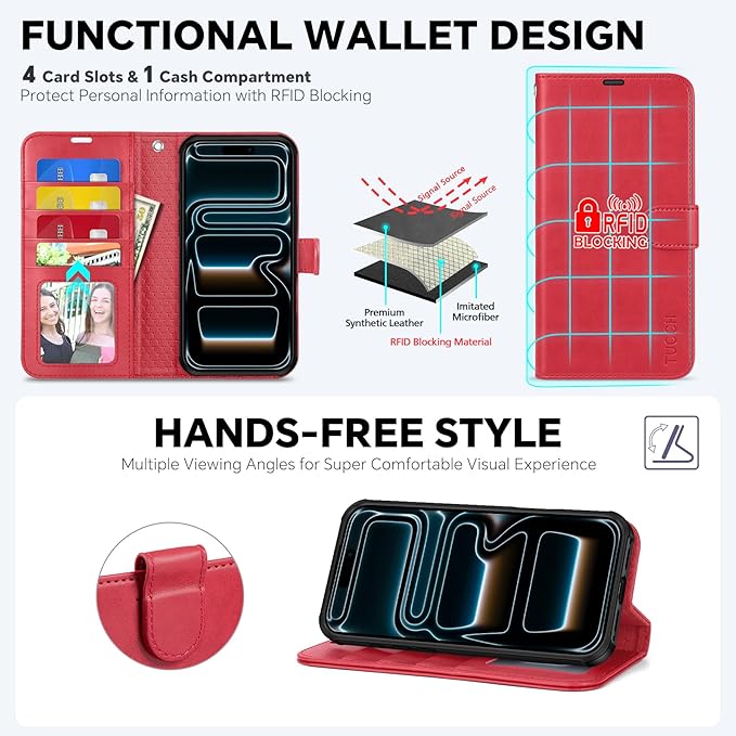 TUCCH 2-in-1 Removable Case Wallet for iPhone 17 Pro Max (6.9") 2025, Detachable Wrist Strap, 4 Card Holders RFID Blocking, Wireless Charging, Stand, Magnetic, PU Leather, Shockproof Folio Cover, Red