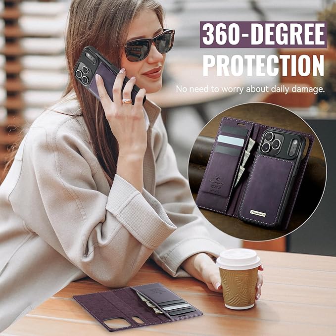 PlusnapX Wallet Case for iPhone 17 Pro Compatible with Magsafe, 2-in-1 PU Leather Flip RFID Blocking Card Holder Stand Shockproof Magnetic Detachable Cover for iPhone 17 Pro Case 6.3", Retro Purple