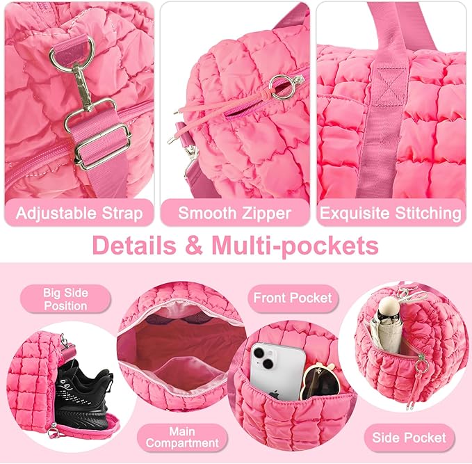 Quilted Travel Duffle Bag Gym Bag for Women,Large Puffer Duffle Weekender Bag with Compartment,Workout Overnight Carry on Organizer Bag Duffle Bag for Airplane Travel(Pink)