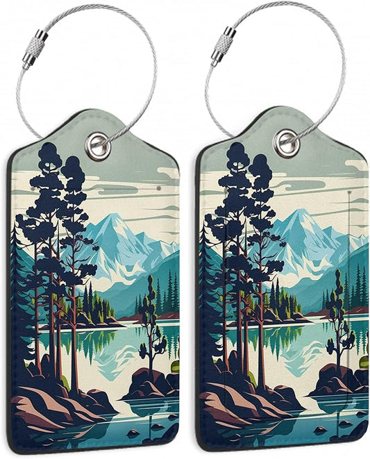 Luggage Tags for Suitcase,2 Pack Mountain Lake Forest Luggage Tag PU Leather Privacy Cover ID Label with Stainless Steel Loop for Women Men Teens Travel