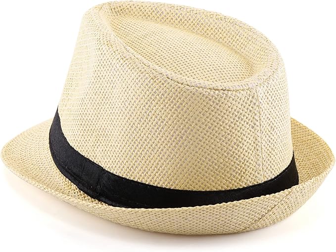 FALETO Unisex Summer Panama Straw Fedora Hat Short Brim Beach Sun Cap Classic