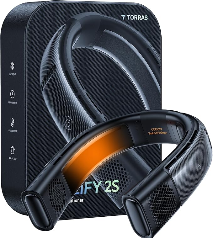 TORRAS COOLiFY 2S Neck Fans that Blow Cold Air [Limited Version], Neck Air Conditioner with Long Battery, Orange-blue-Change Neck Fan, Smart App Control Neck Fan Rechargeable, Black